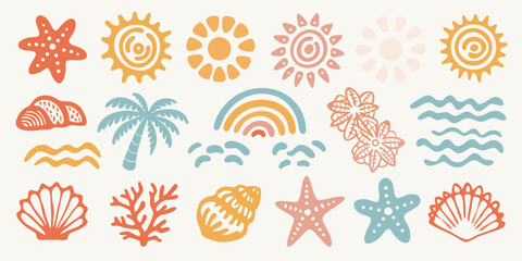 Collection of hand drawn summer icons including suns shells and tropical plants © Polash