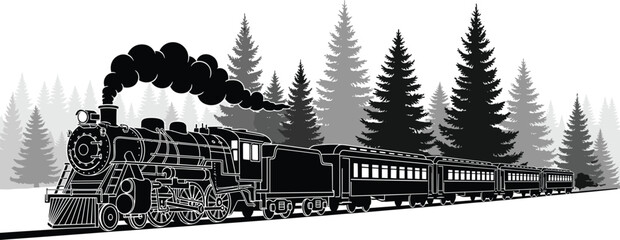 Steam locomotive silhouette, passenger train, forest background, vintage railway design, smoke stack outline, black illustration, nostalgic transport art © Fenshi