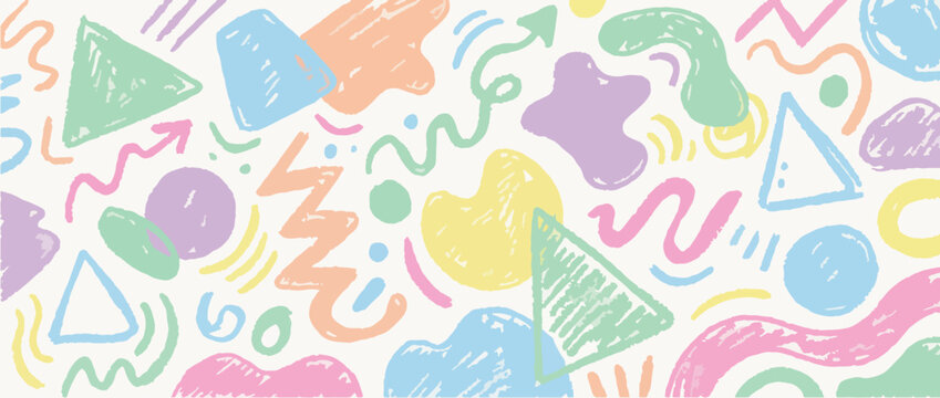 Kid pastel texture with Memphis pop playground and crayon background for funky school design. Crayon drawn organic geometric shapes and doodles. 80s or 90s aesthetic retro colorful wallpaper.