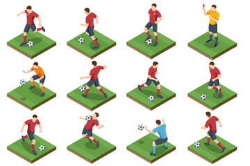 Fototapeta premium Isometric soccer player action collection with football athlete pose for pass, kick, defense and goalkeeper save. Sport character set for match animation, tactic diagram or game interface design.