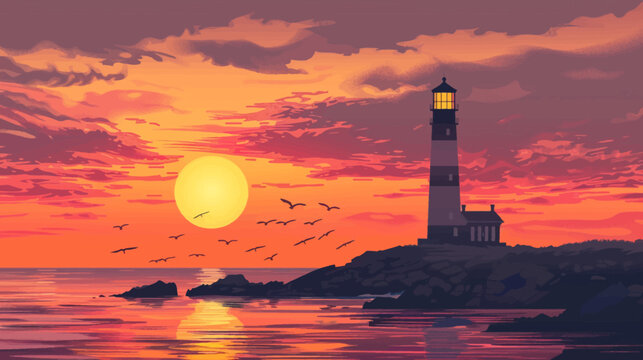 Coastal lighthouse silhouette against sunset sky with birds in flight