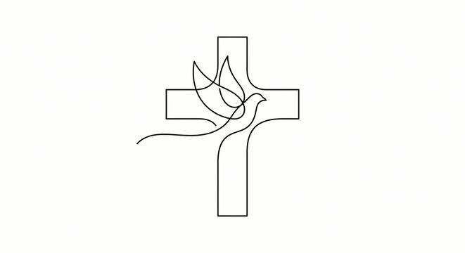 Minimalist Christian cross with holy spirit dove line art