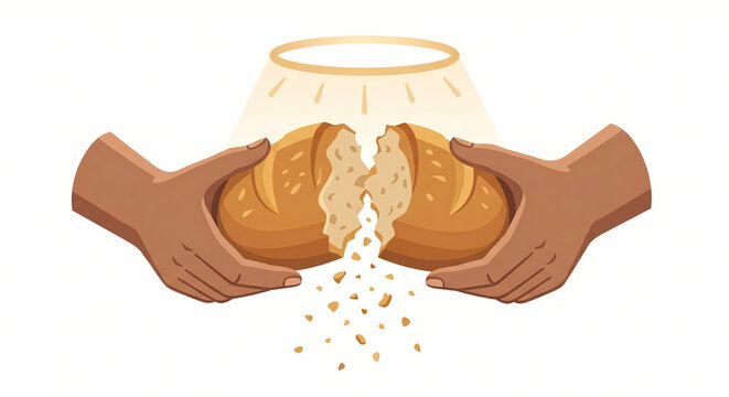 Hands breaking loaf of bread with divine light