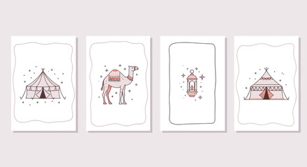 Middle Eastern Desert Camp Icons: Tent, Camel, Lantern, People © rexus