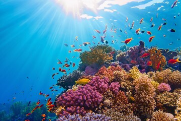 Life-giving sunlight underwater. Sun beams shinning underwater on the tropical coral reef.Ecosystem and environment conservation