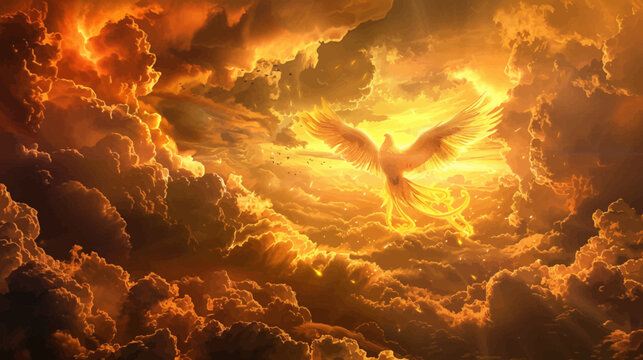 Fiery phoenix soaring through dramatic clouds with golden glowing light