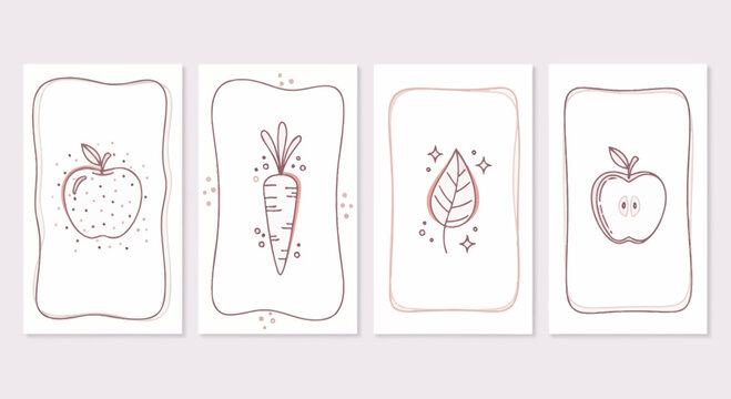 Hand-drawn Apple, Carrot, and Leaf illustrations in decorative frames