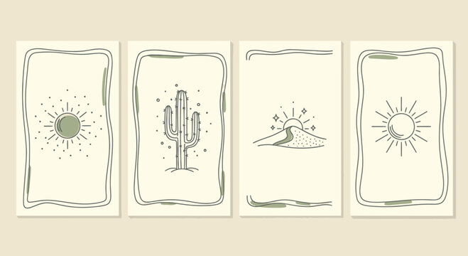Bohemian Desert Sun and Cactus Line Art Posters