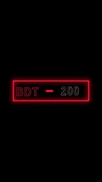 Red neon label with BDT 144 text on black background animation in vertical video format for mobile screen, social media stories, reels, and shorts.