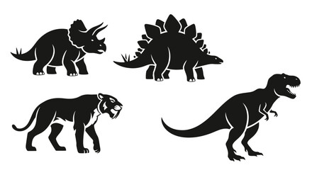 Naklejka premium Prehistoric Animal Silhouettes: Dinosaurs and Saber-toothed Tiger Icons Set