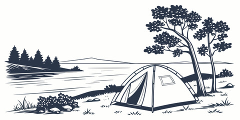 A serene campsite nestled in the wilderness with a tent and scenic landscape Vector © rabi