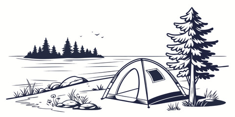 A serene campsite nestled in a forest with a tent and scenic background Vector © rabi