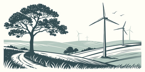 Wind turbines generating clean energy in a rural landscape with a large tree nearby Vector