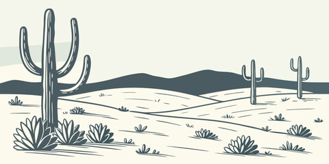 A serene desert landscape with cacti and distant mountains under a clear sky Vector © rabi