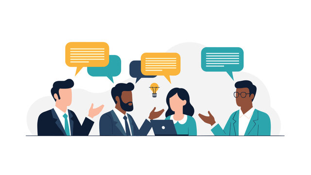 Diverse group of corporate professionals sitting at a table and exchanging creative thoughts during a business meeting.