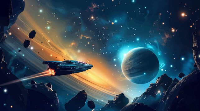 Cosmic voyager spaceship navigating nebula with planet in outer space