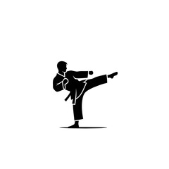 Black silhouette of a martial artist performing a kick.
