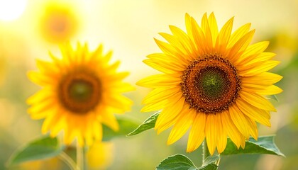 Obraz premium Two vibrant sunflowers stand bright, yellow petals unfurling in warm sunlight. Golden field behind