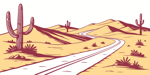 A scenic desert landscape with a winding road and cacti under a clear blue sky Vector © rabi