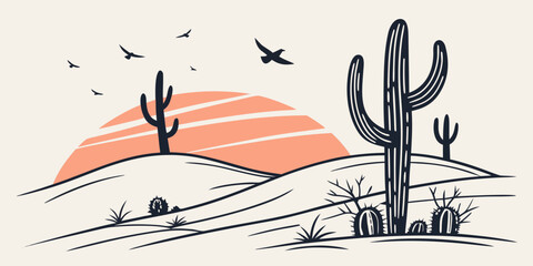 Birds flying over a desert landscape with cacti and mountains in the background Vector © rabi