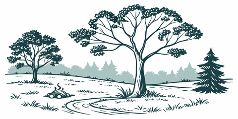 A serene landscape featuring a group of trees on a grassy hillside. Vector © rabi