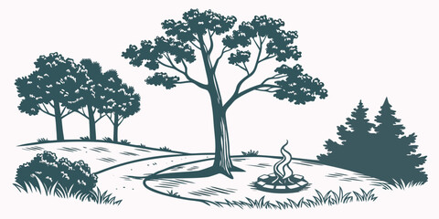 Fototapeta premium A serene landscape with trees, a river, and a small boat in the distance Vector
