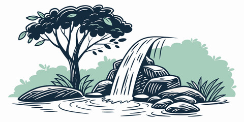 A serene waterfall cascading into a tranquil pool surrounded by lush greenery Vector © rabi