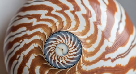 Close-up of a nautilus shell, showcasing intricate spiral patterns of browns and whites