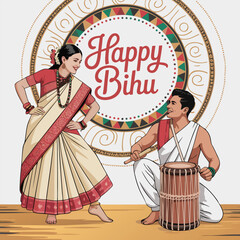 Obraz premium vector illustration of Happy Bihu festival of Assam celebrated for Happy New Year of Assamese