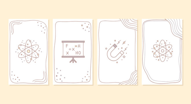 Science Icons and Formulas: Atom, Magnetism, Physics Equations on White Background
