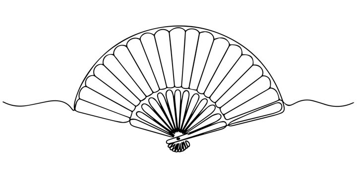 Japanese  folding fan one line art drawing, Minimalist continuous one line drawing of traditional folding hand fan for cooling and fashion accessory. Editable stroke outline. Single contour art. Doodl