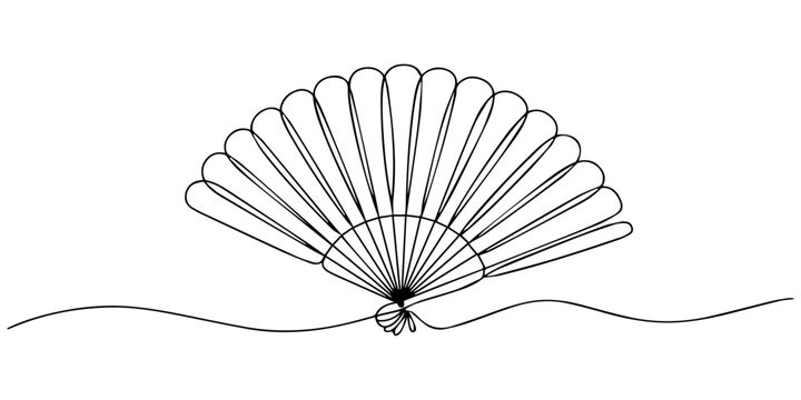 Japanese  folding fan one line art drawing, Minimalist continuous one line drawing of traditional folding hand fan for cooling and fashion accessory. Editable stroke outline. Single contour art. Doodl