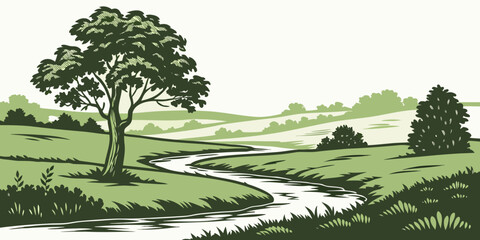 A serene landscape with a winding river and lush greenery in the countryside. Vector © rabi
