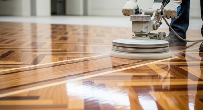 Worker performing floor repair with powerful polishing machine on glossy wooden surface. Professional floor repair process includes sanding, buffing intricate parquet for lasting finish.