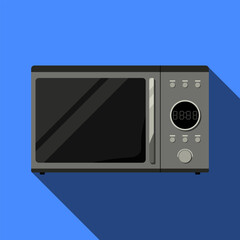 Obraz premium Realistically microwave. Front view. Metal and glass. Vector Image. Modern microwave. Isolated on blue background