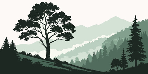 A majestic tree stands tall against a backdrop of misty mountains and a clear blue sky. Vector © rabi