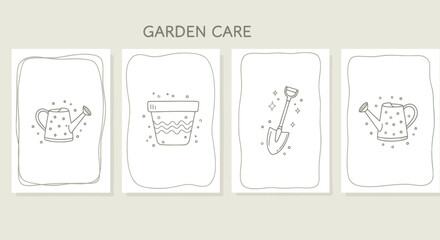 Hand-drawn garden care icons: watering can, flower pot, and shovel with sparkles © rexus