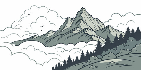 Naklejka premium Majestic mountain landscape with snow-capped peaks and lush green forests Vector