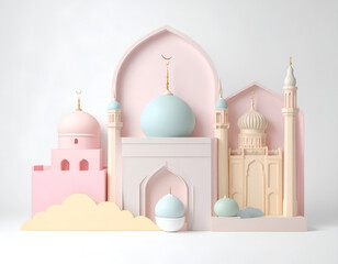 Pastel architectural display of Islamic mosques with crescent moons
