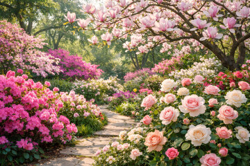 Obraz premium Frühlingshafter Garten mit blühenden rosa Magnolien, Rosen und Azaleen entlang eines kleinen Steinwegs. Die farbenfrohen Blumen und das warme Sonnenlicht schaffen eine romantische Naturkulisse.