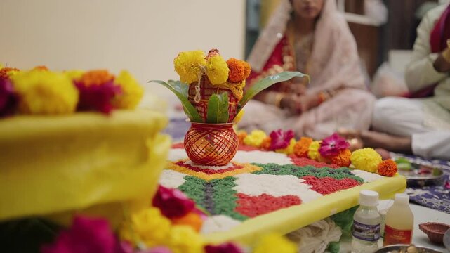 Traditional Indian Ghar Vastu Ritual with Kalash, Coconut and Sacred Puja Setup