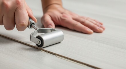 Fototapeta premium Worker hand pressing down new flooring material, performing floor repair with roller for smooth finish. Professional floor repair ensures proper installation, lasting quality for home surfaces.