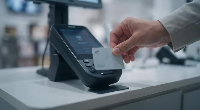 Contactless Card Payment at Retail Checkout Terminal With Hand Tapping to Pay