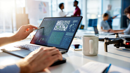 Drone technology and geospatial data analysis. Engineer using mapping software for surveying. Innovation concept. © Viks_jin