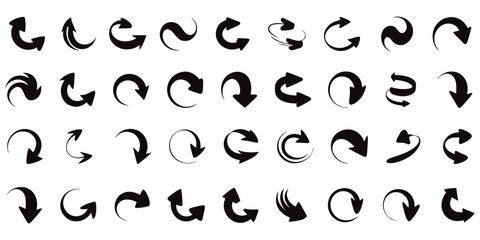 Naklejka premium Large Collection of Black Curved Arrow Icons and Directional Vector Pointers for User Interface and Graphic Design 