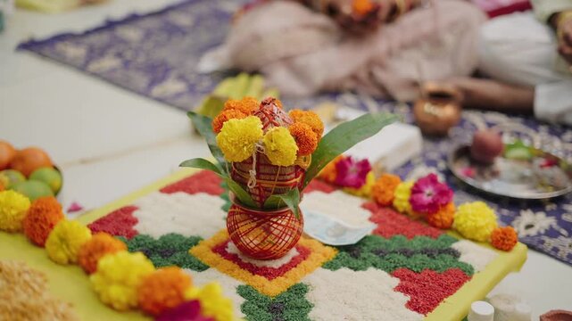 Traditional Indian Ghar Vastu Ritual with Kalash, Coconut and Sacred Puja Setup