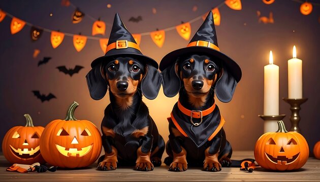 Two dachshunds don witch hats beside carved pumpkins, candles, bats & banners on a wooden surface