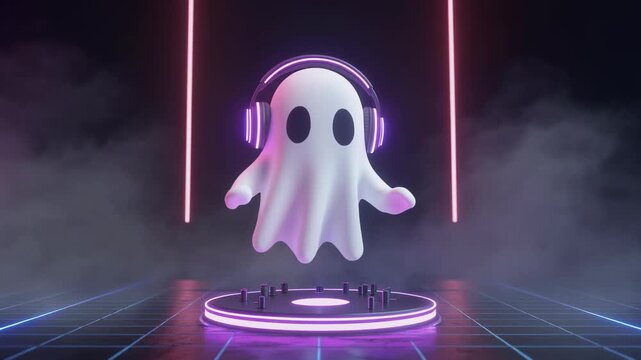 Animated Ghost music wearing headphones on purple platform.