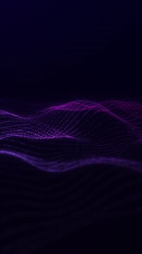 Glowing purple particle wave landscape with flowing dotted grid structure and neon digital light, abstract futuristic technology background representing data movement and virtual signal energy