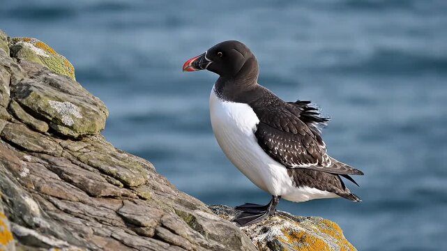 A Razorbill seabird with distinctive black and white plumage perches on rugged coastal rocks overlooking the vast blue ocean